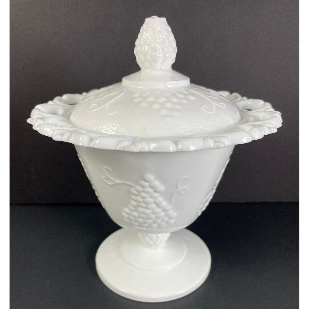 Milk Glass Compote w/ Lid Open Lace Edge Indiana Harvest Grape White Candy Dish